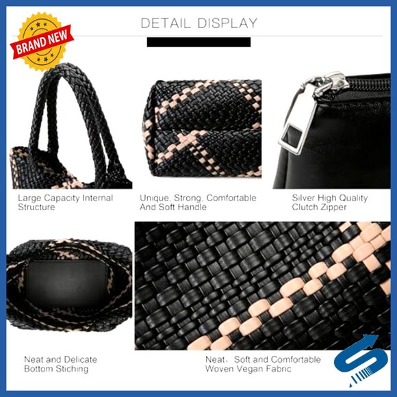 Large Vegan Leather Woven Tote Bag for Women, Magnetic Snap Closure